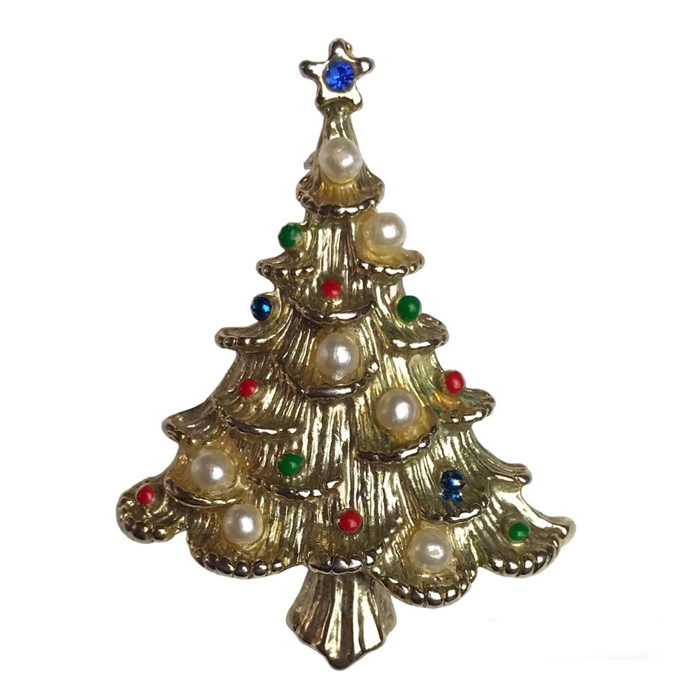 Vintage Gold Tone Christmas Tree Pearl Rhinestone Brooch Pin Marked Taiwan